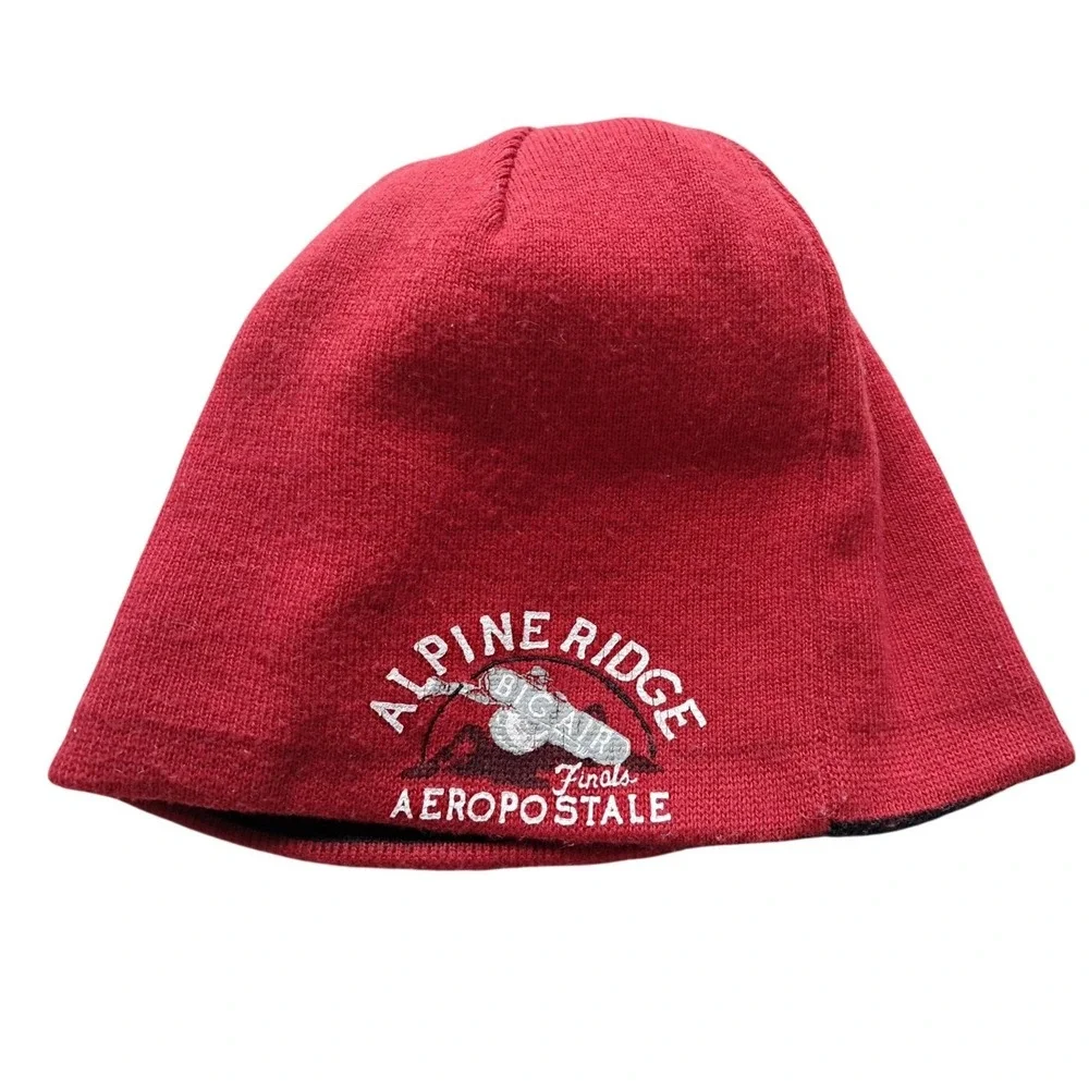 Aeropostale‎ Reversible Beanie Red Black Aero 87 Alpine Ridge Big Air Hat Y2K